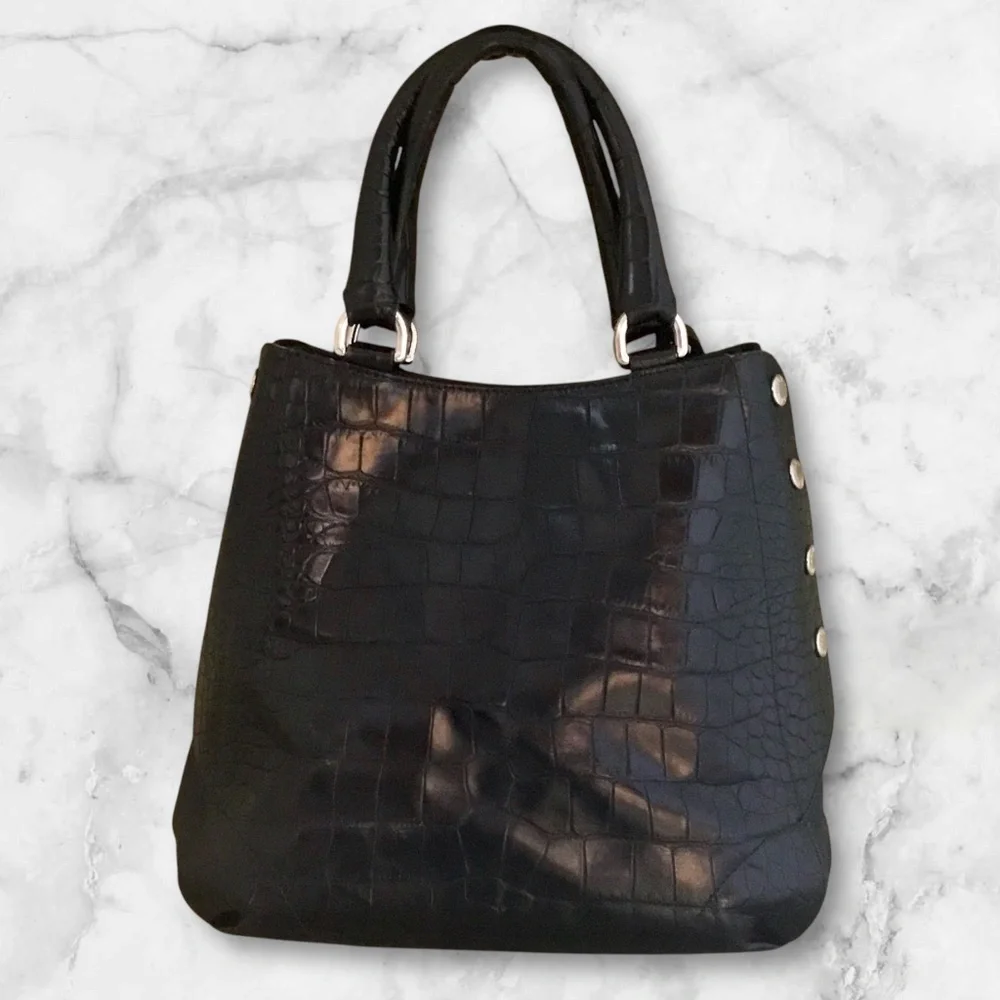 Furla Onyx Black Leather Embossed Croc Tote Bag